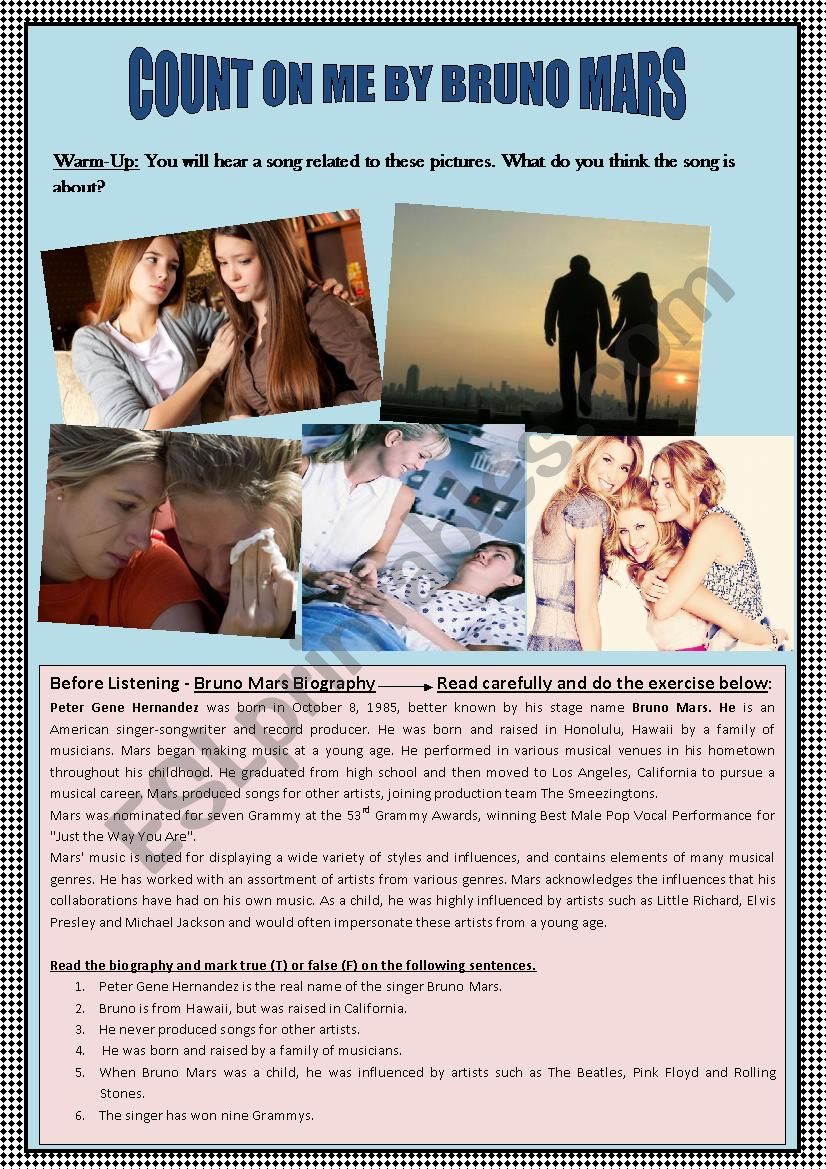 SONG WORKSHEET ABOUT Â´FRIENDSHIPÂ´: REVIEW ON FIRST CONDITIONAL. FOCUS ON LISTENING, READING, SPEAKING AND VOCABULARY SKILLS. GAME IS INCLUDED TO PRACTICE CONDITIONAL. 