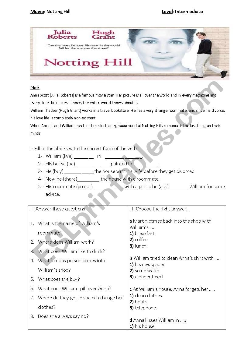 Notting Hill Movie  worksheet