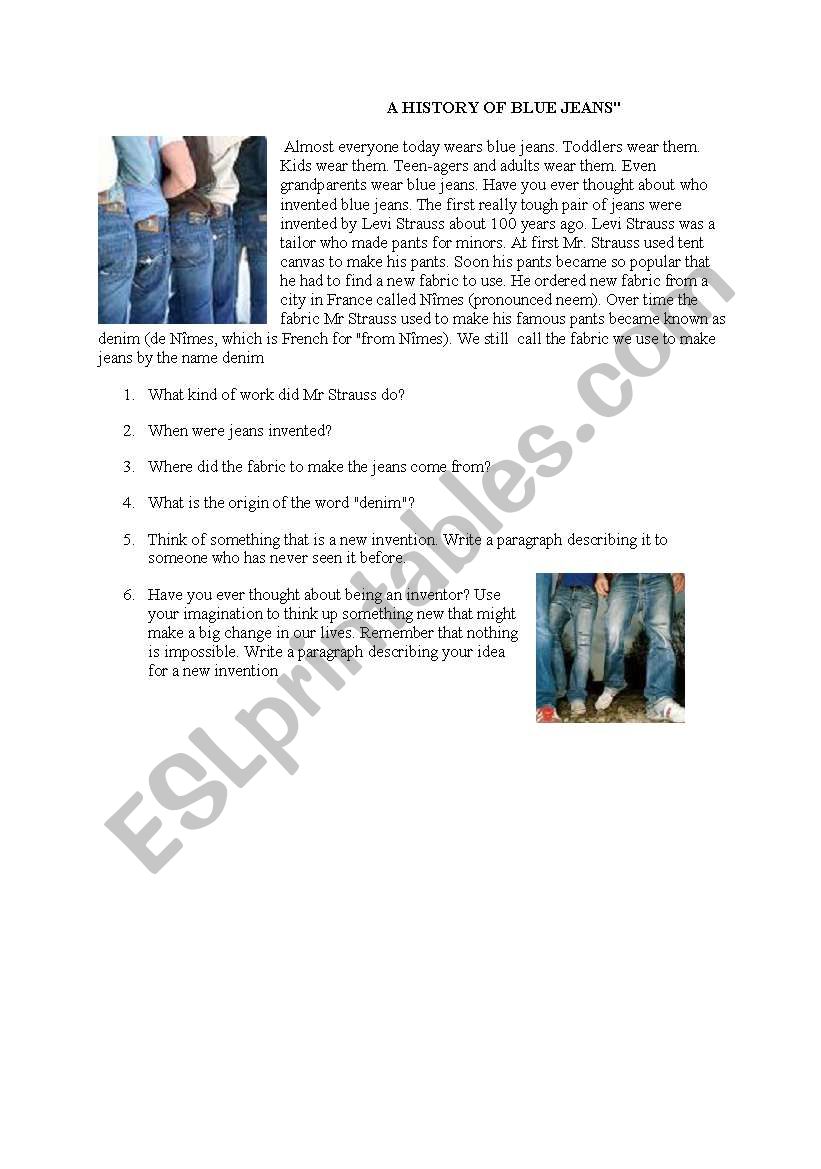 A HISTORY OF BLUE JEANS worksheet