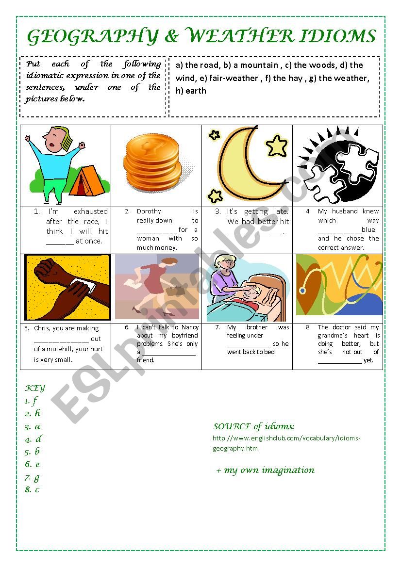 GEOGRAPHY & WEATHER IDIOMS worksheet