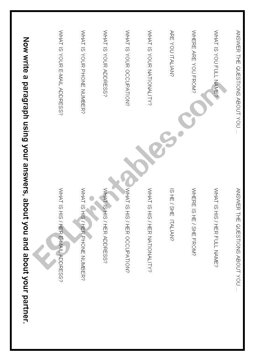 Personal Informations worksheet