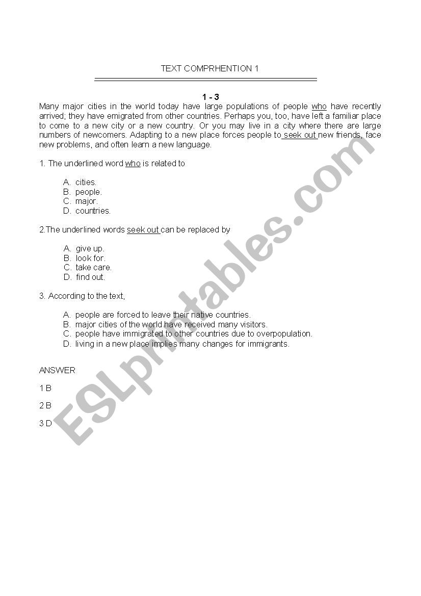 text comprehention worksheet