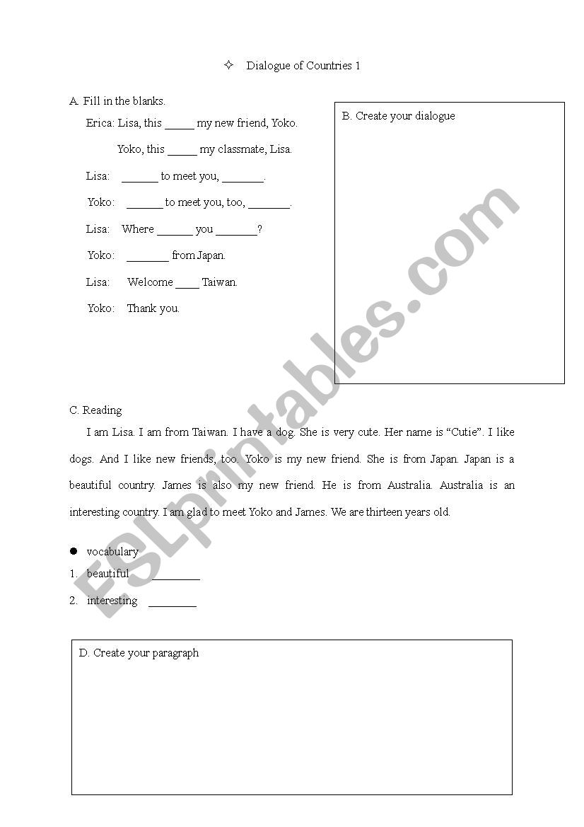 Dialogue of Countries 1 worksheet