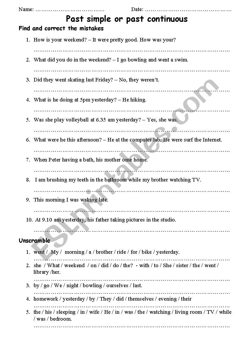 past or past continuous worksheet