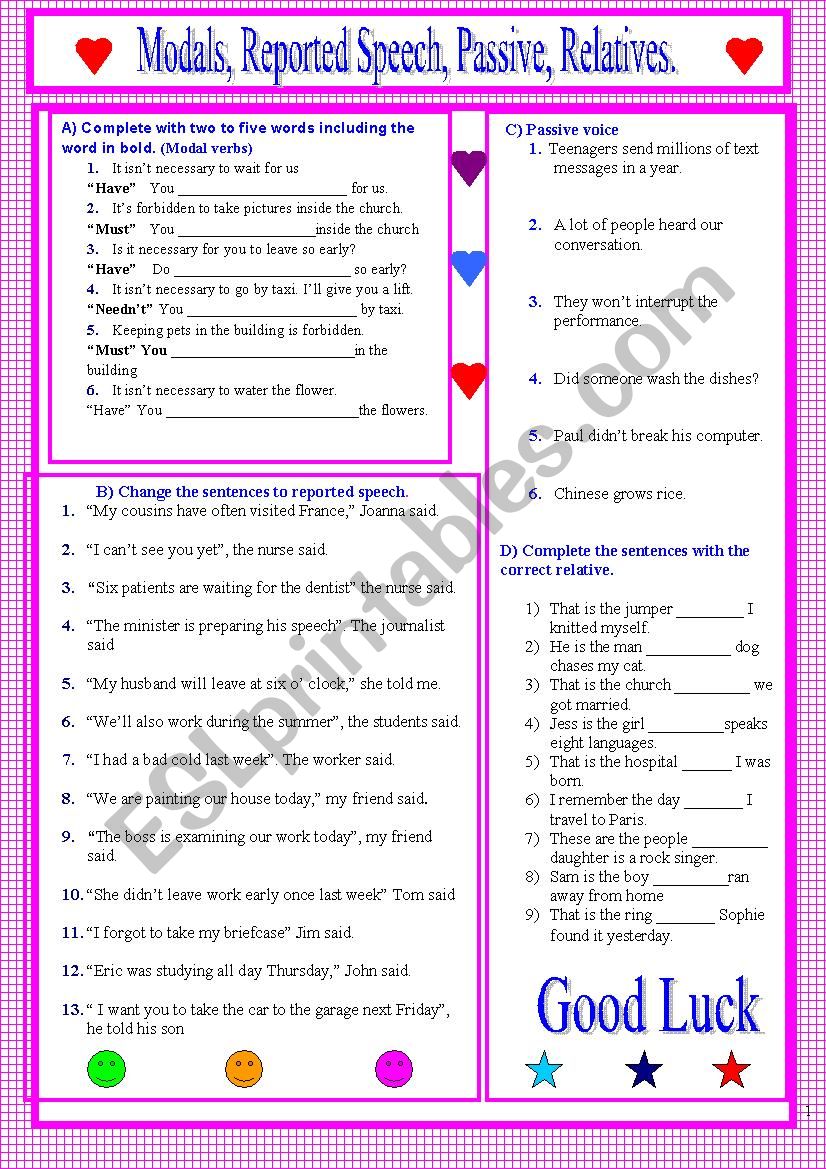 Modal verbs, passive voice, reported speech, relative pronouns