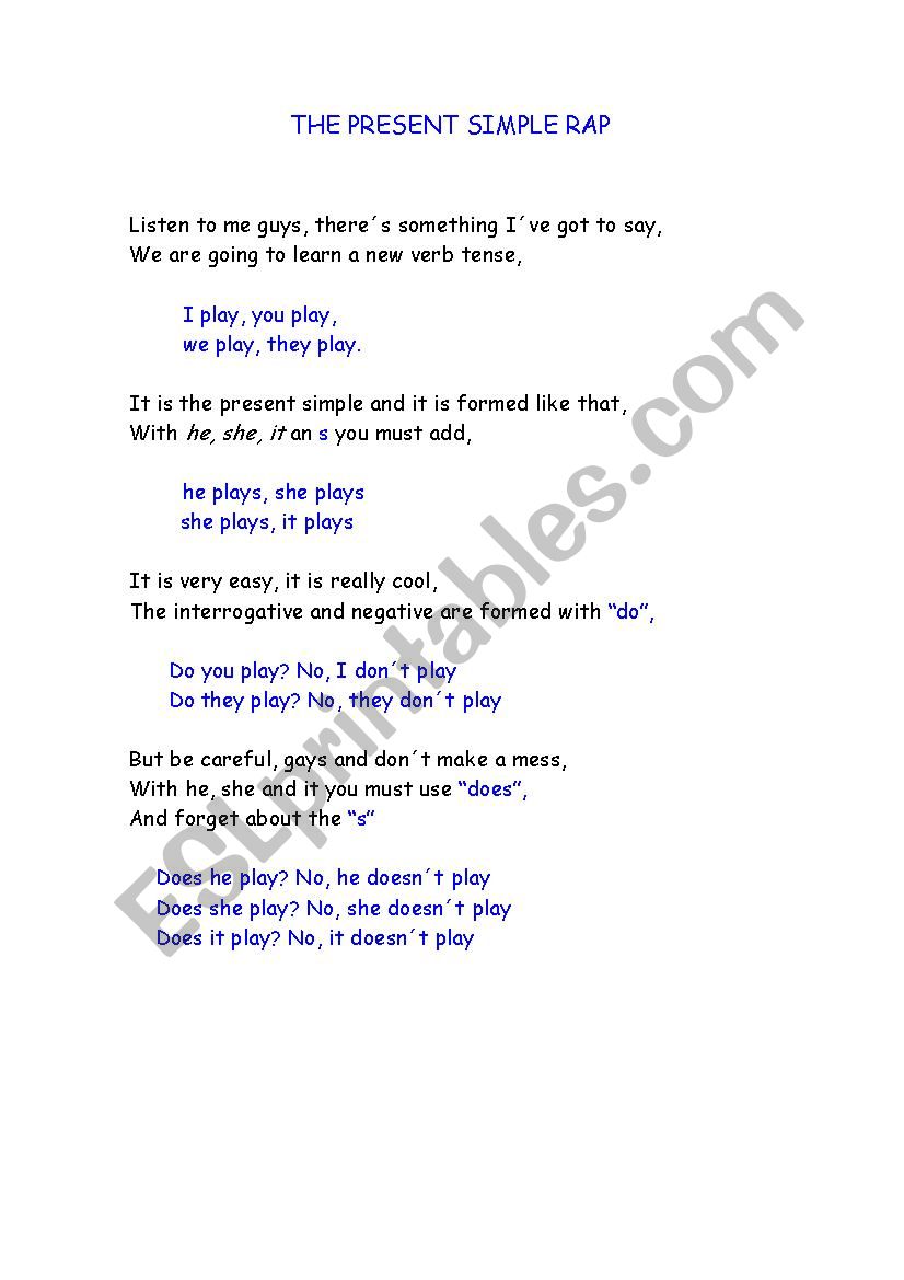 The present simple rap worksheet