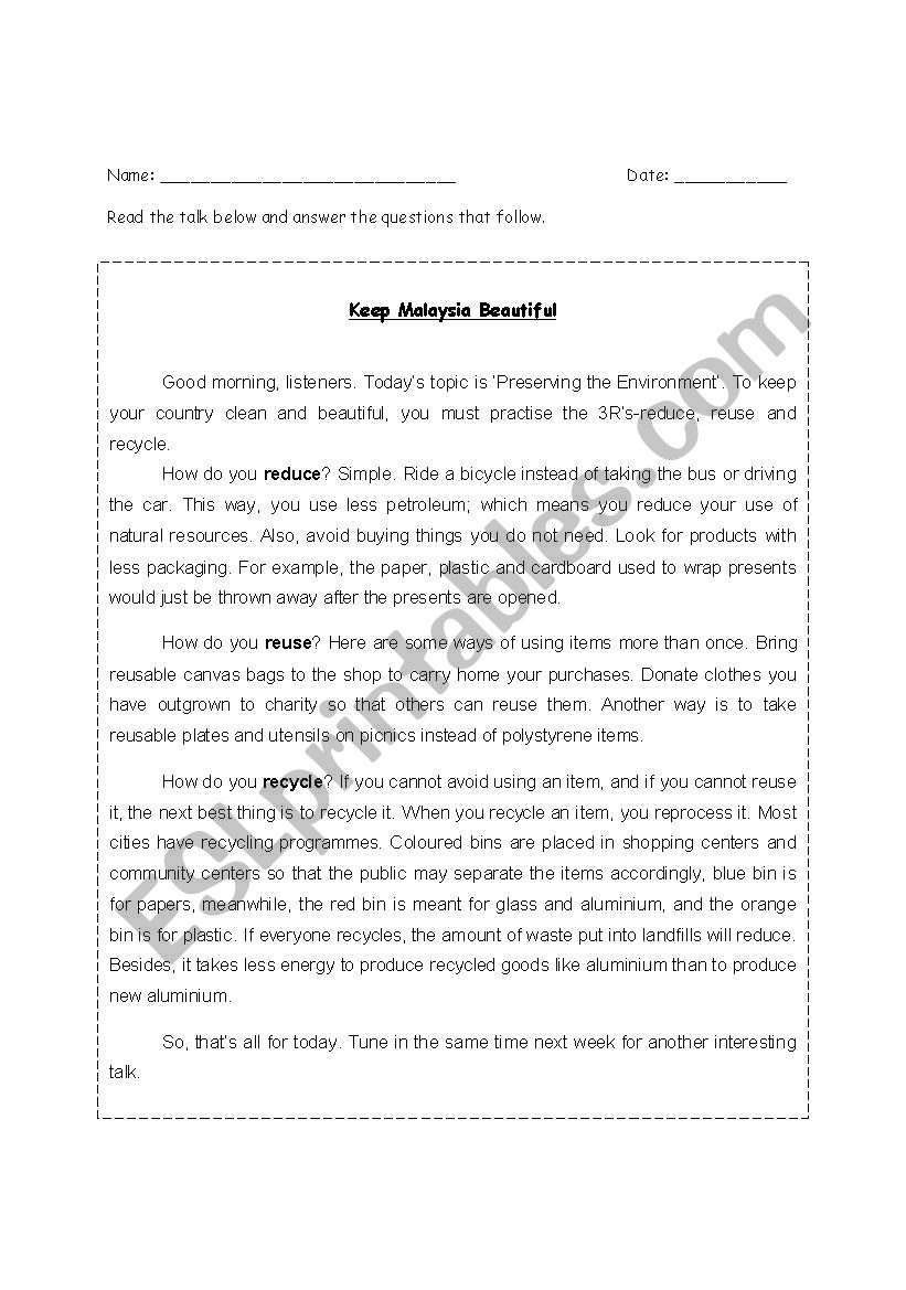 reduce, reuse and recycle worksheet