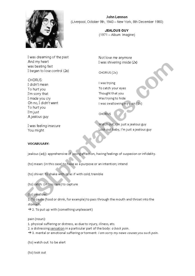 Jonh Lennon - Jealous Guy worksheet