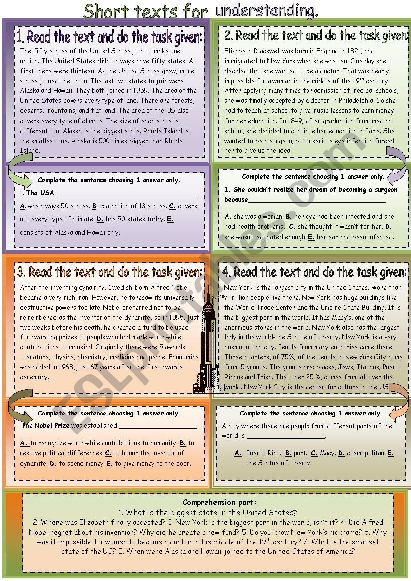 Short Texts For Reading Prehension ESL Worksheet By