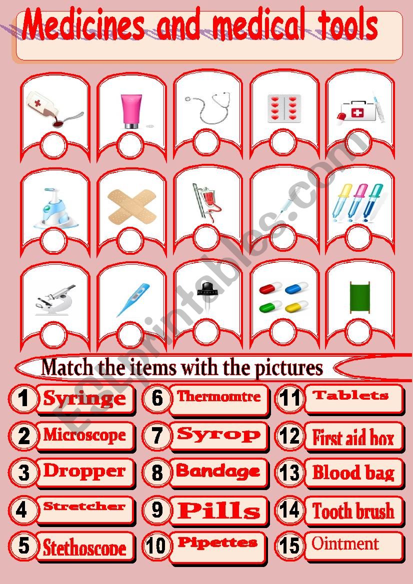 Medicines and medical tools worksheet