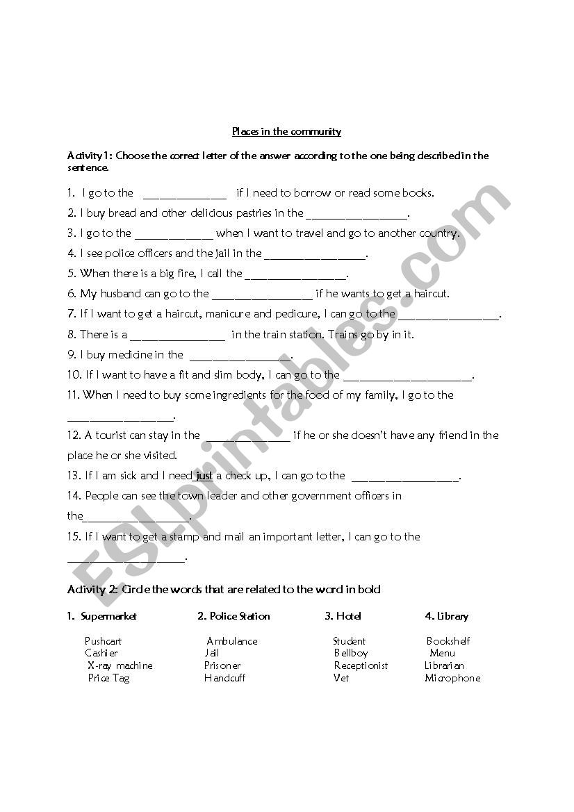 Places in the Community worksheet