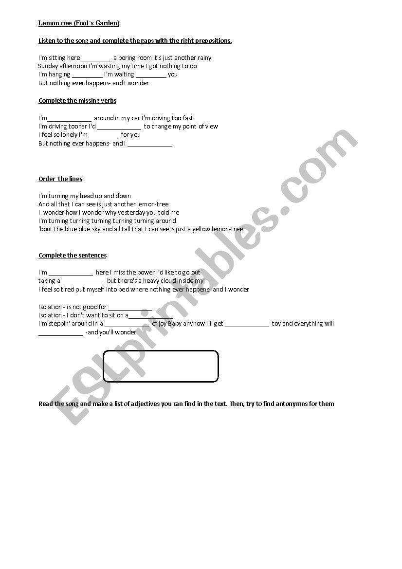Lemmon tree song worksheet