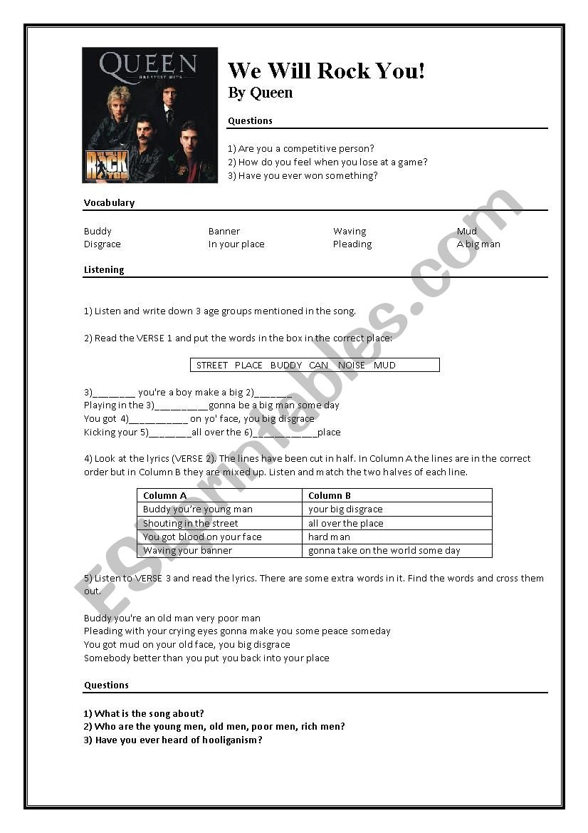 We Will Rock You by Queen worksheet