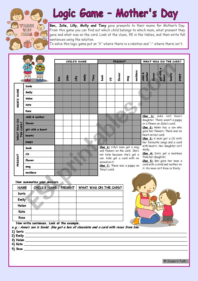 Logic game (37th) - Mothers Day *** for elementary ss *** with key *** fully editable *** B&W