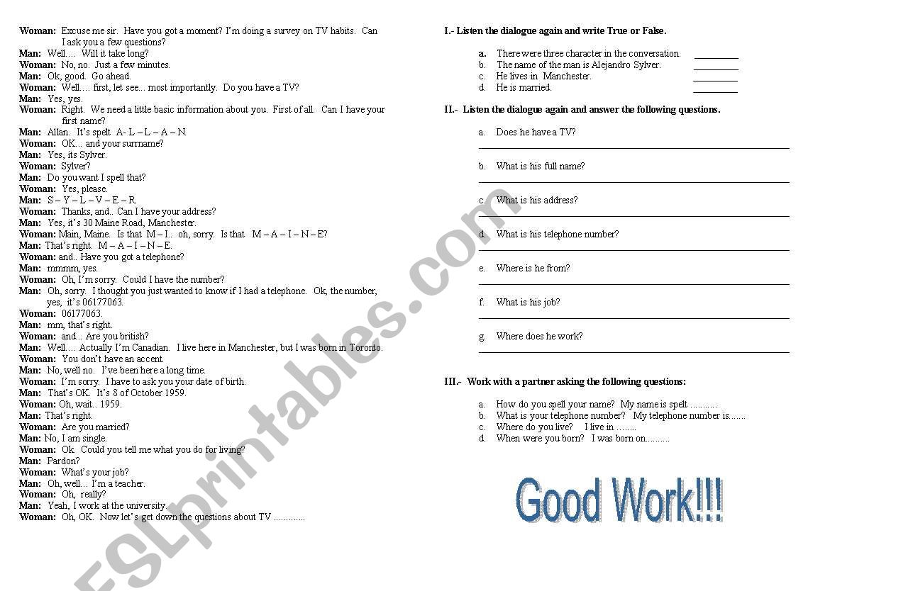 Survey Activity worksheet