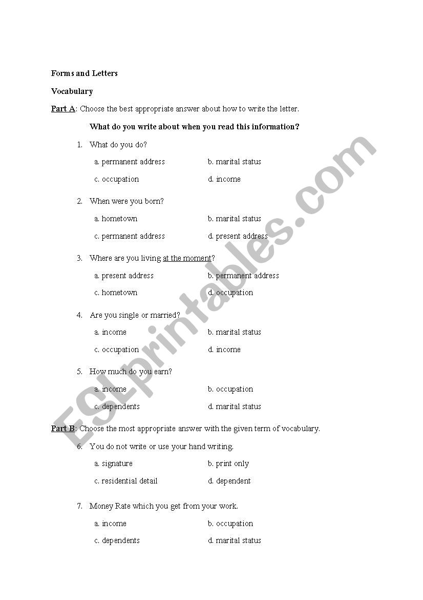 Form and Letter worksheet