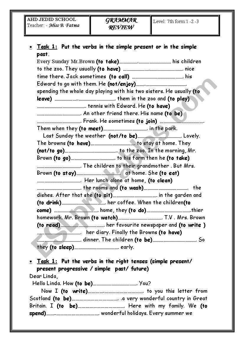 grammer review tenses worksheet