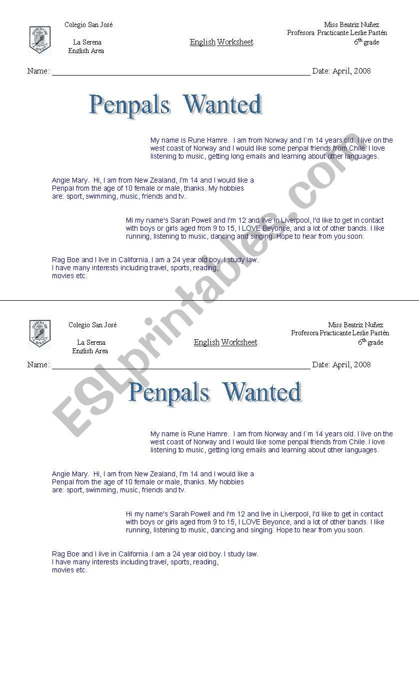 Pen Pal worksheet