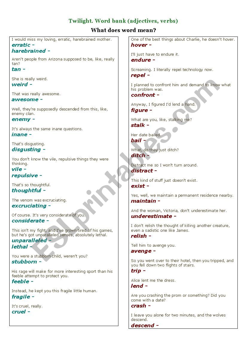 Twilight (film) Word Bank worksheet