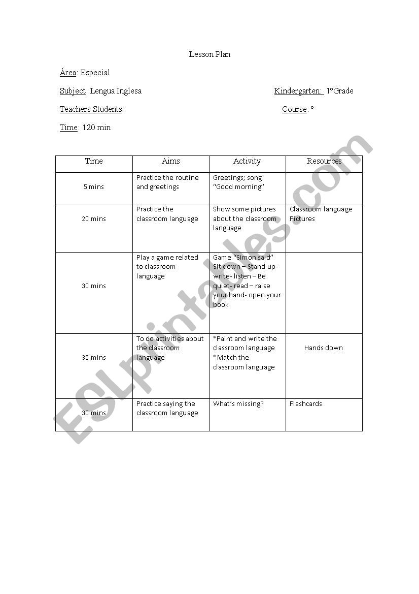 Lesson plan about classroom language