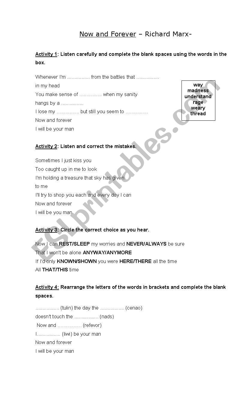 Now and Forever worksheet