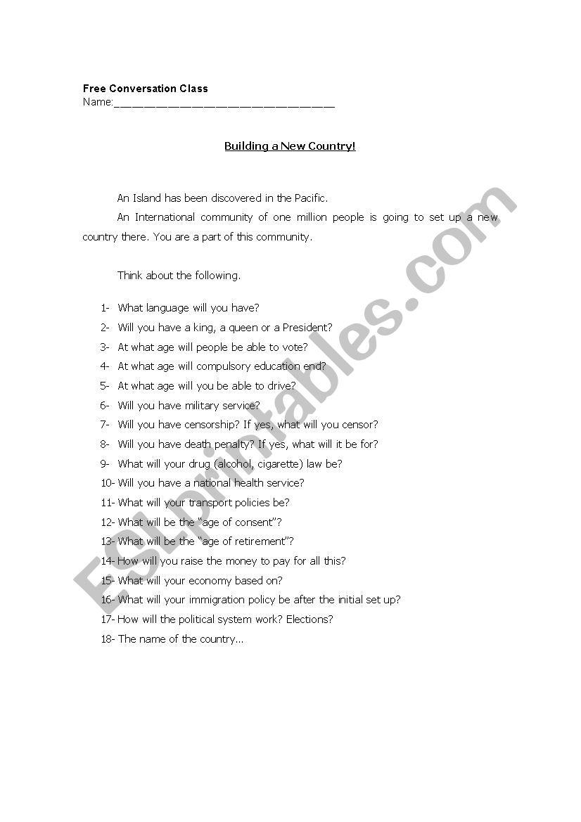 A New Country worksheet
