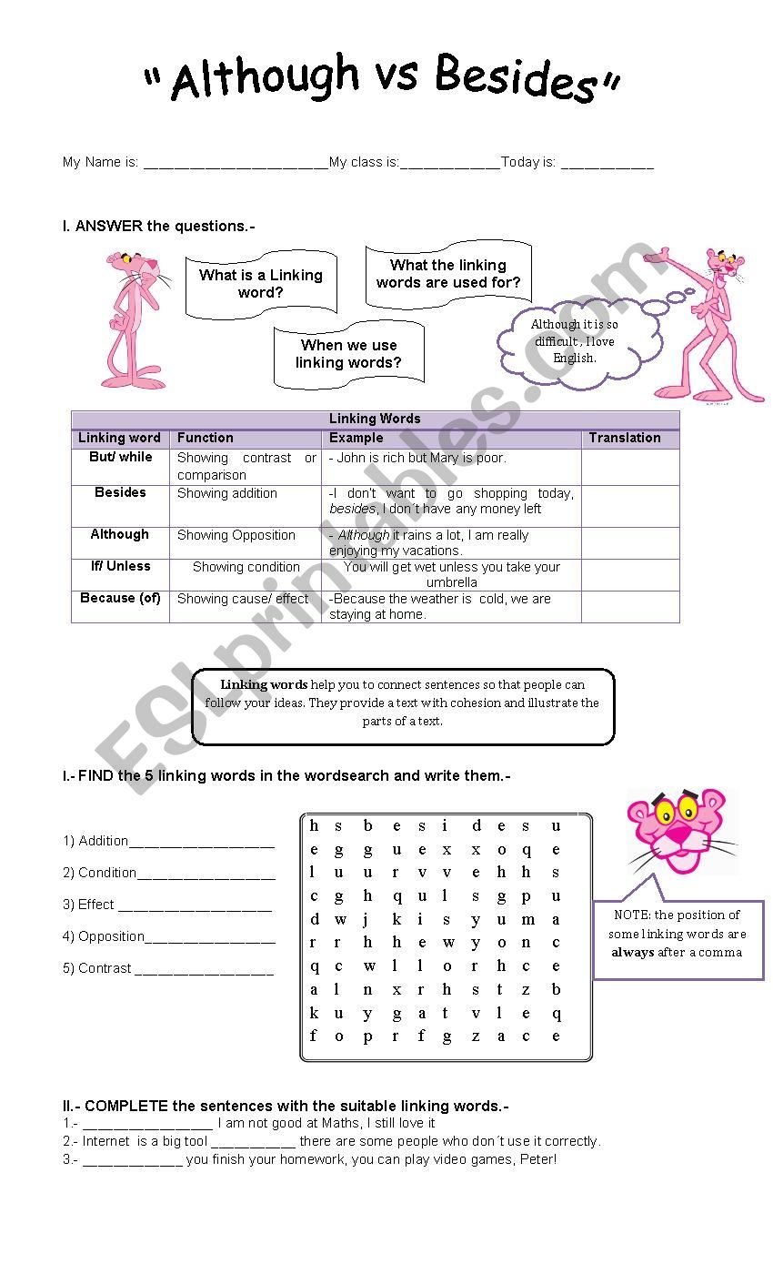 linking words  worksheet