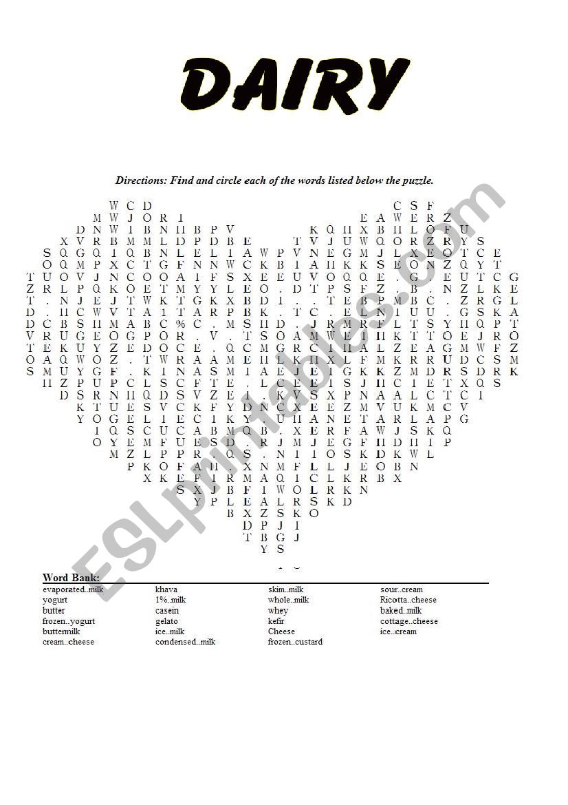 Food in Dairy worksheet