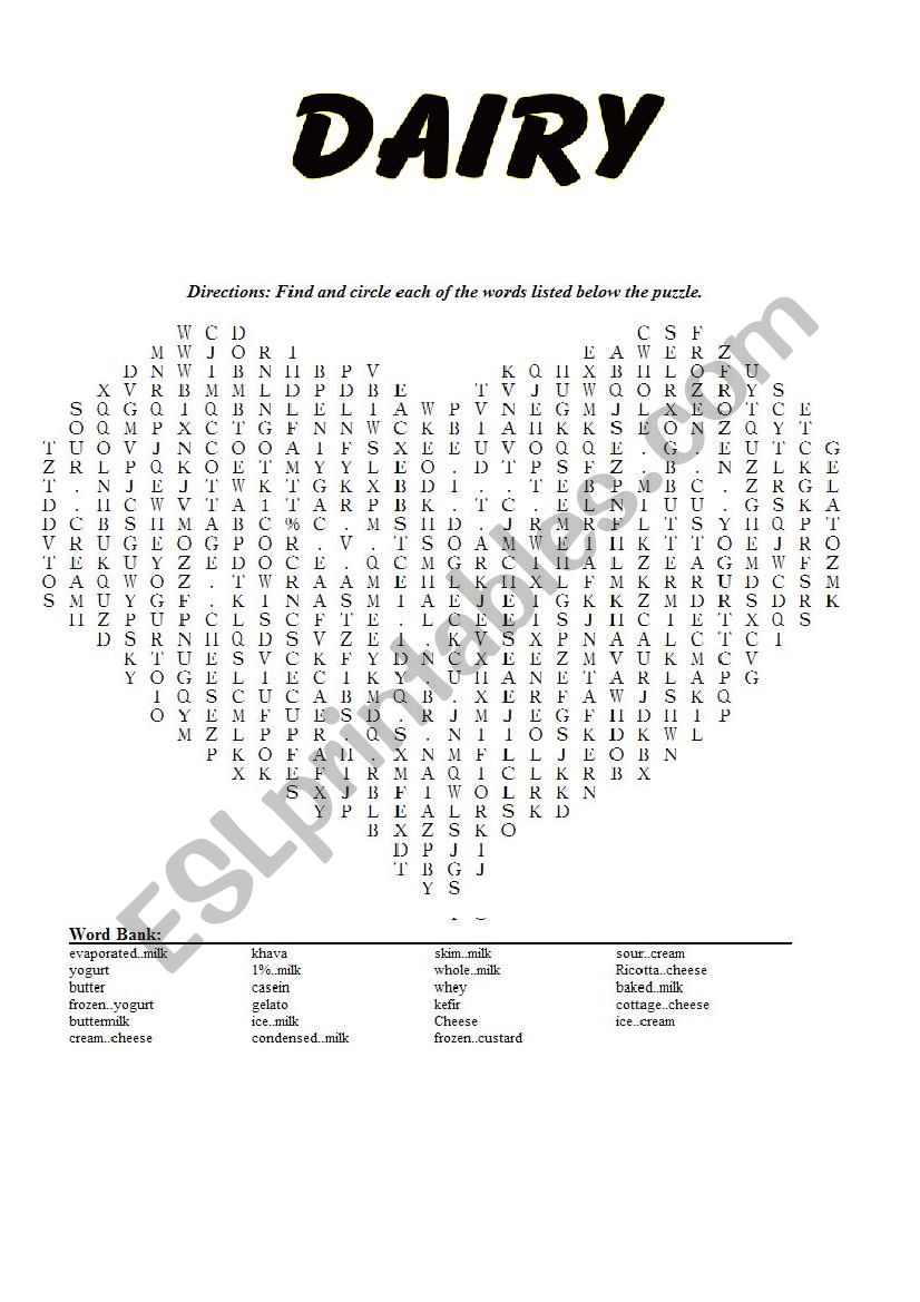 Food in Dairy worksheet