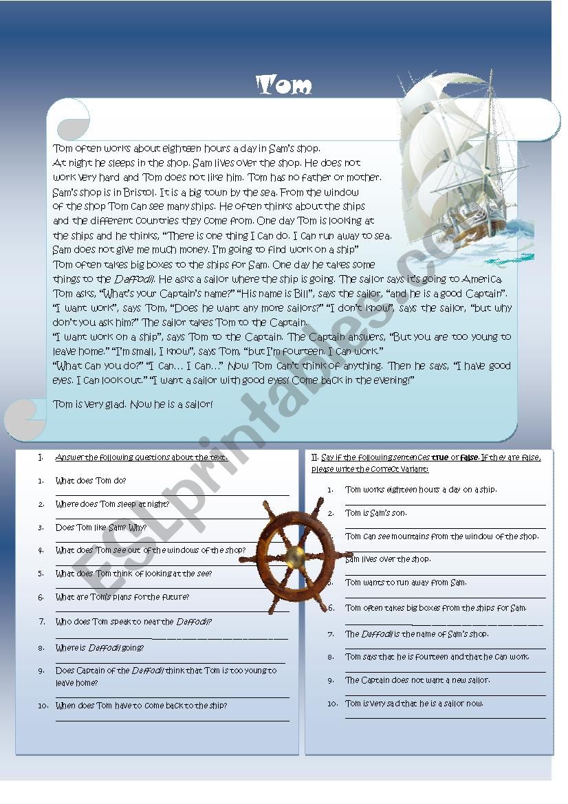 Tom - reading worksheet