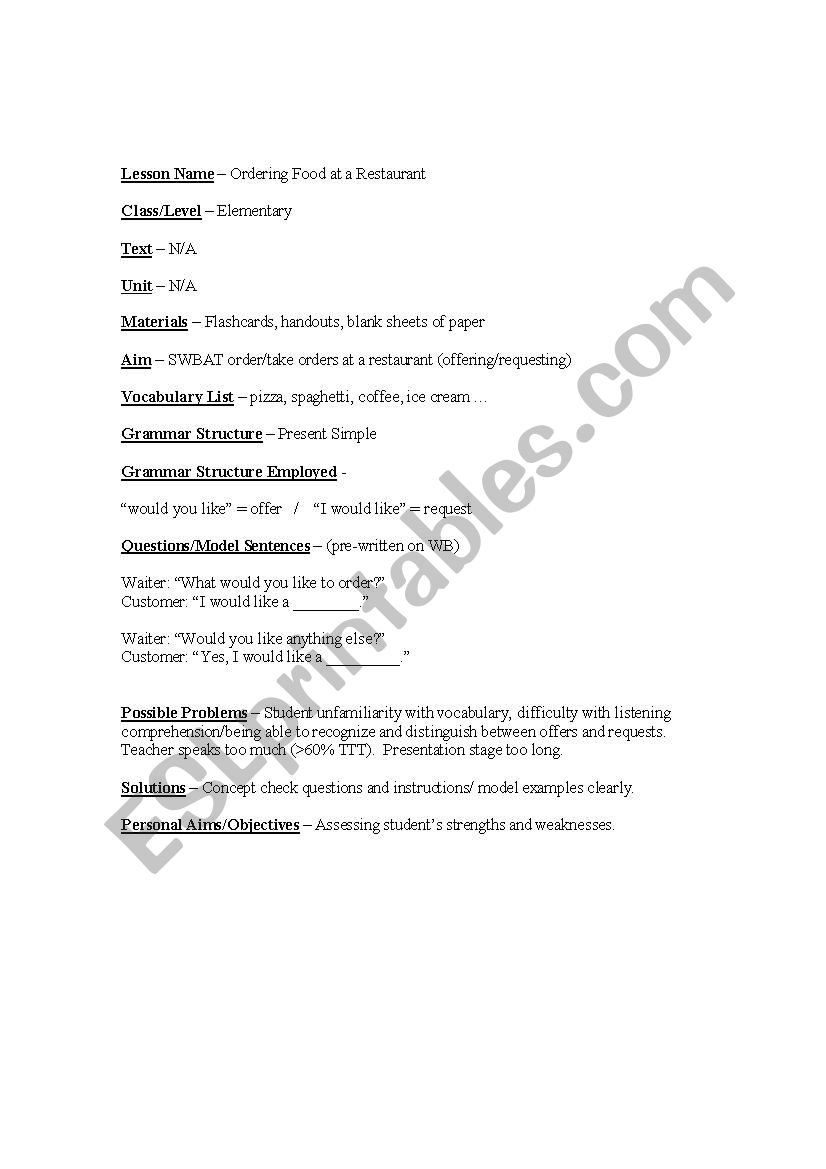 Restaurant Lesson Plan worksheet