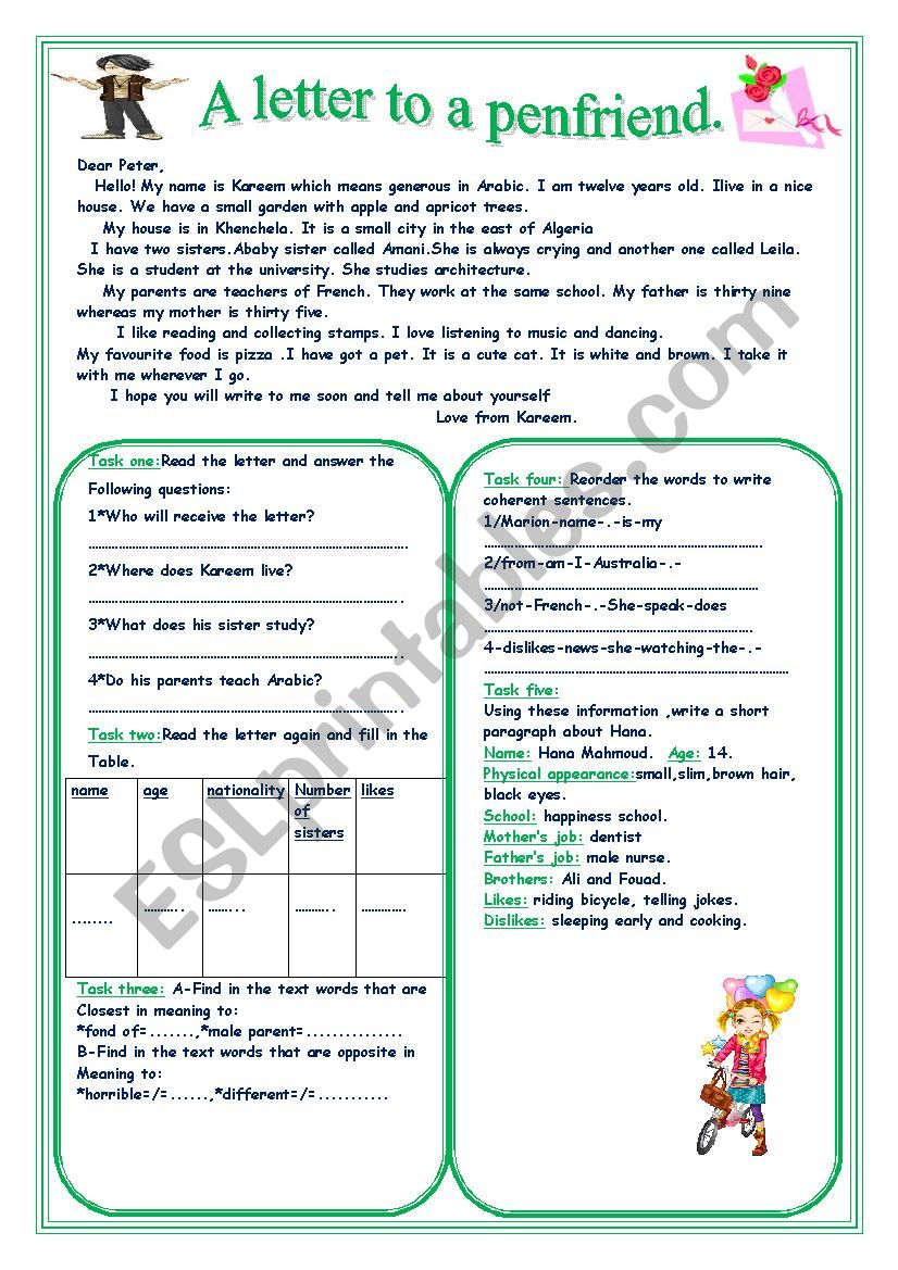 a letter to a penfriend worksheet