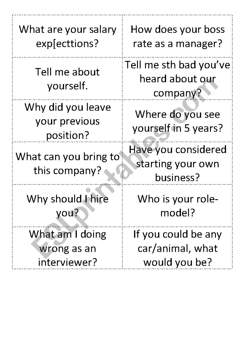 Questions for job interview worksheet