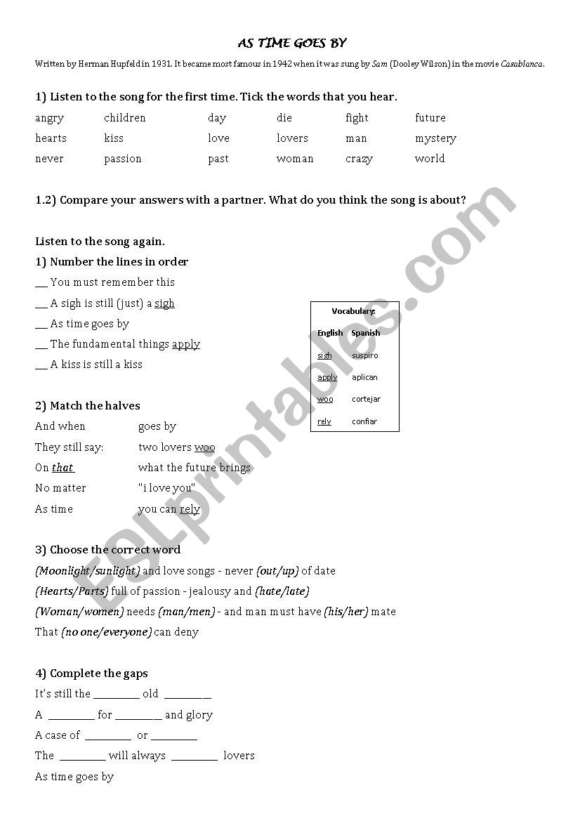 As time goes by worksheet