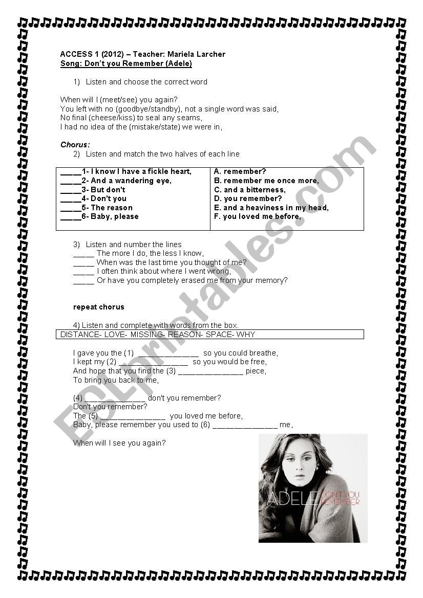 song: donÂ´t you remember worksheet