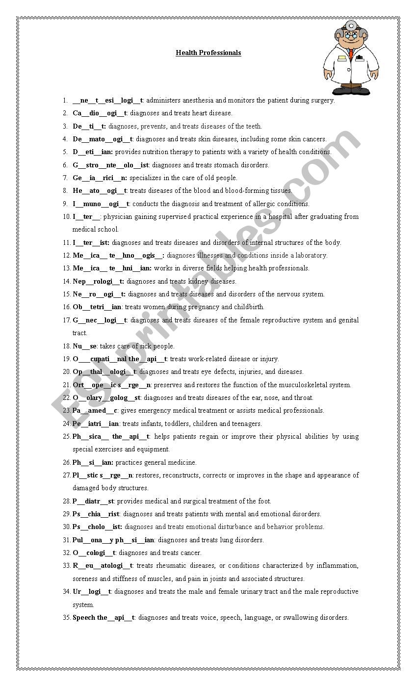 Health Professionals worksheet