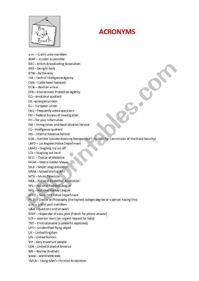 Acronyms worksheet