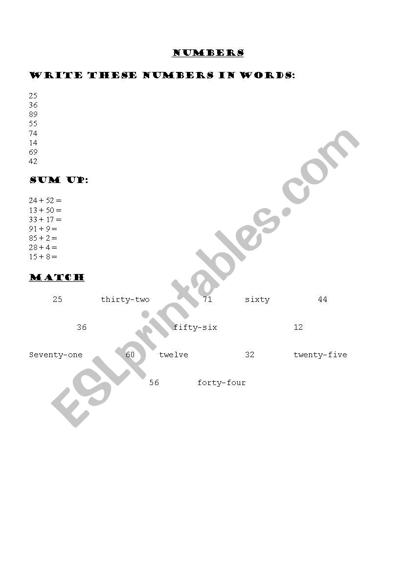 Numbers worksheet