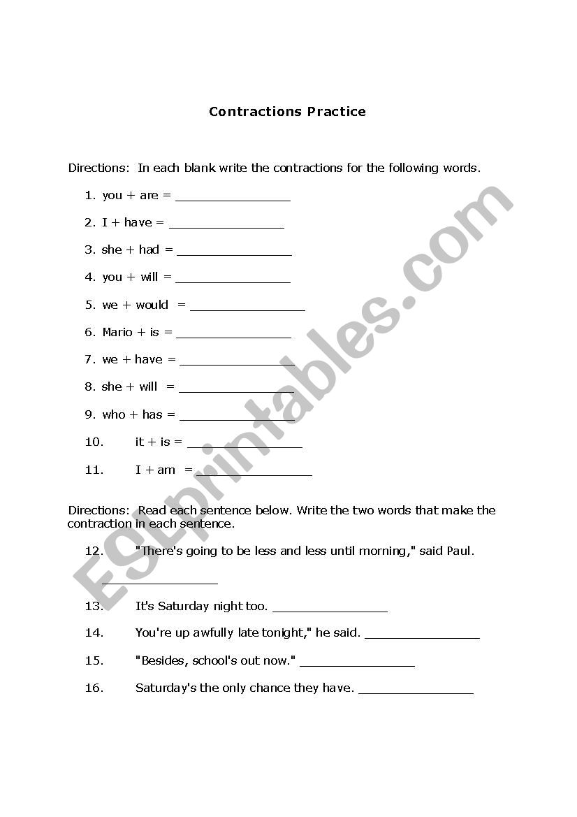 Contractions Practice worksheet