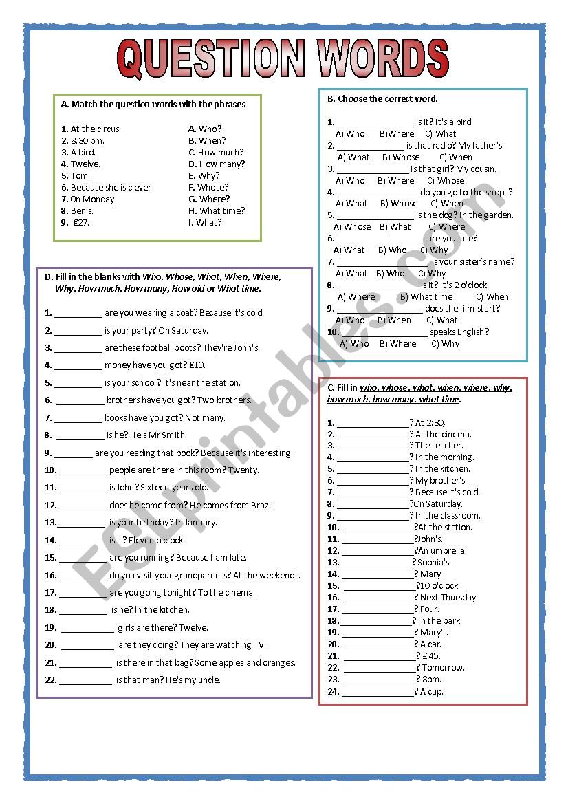 Question words worksheet