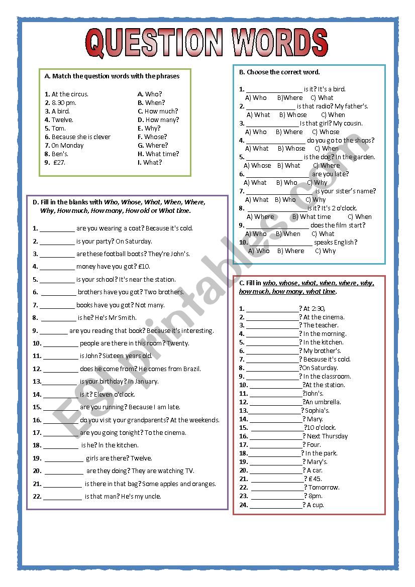 Question words worksheet