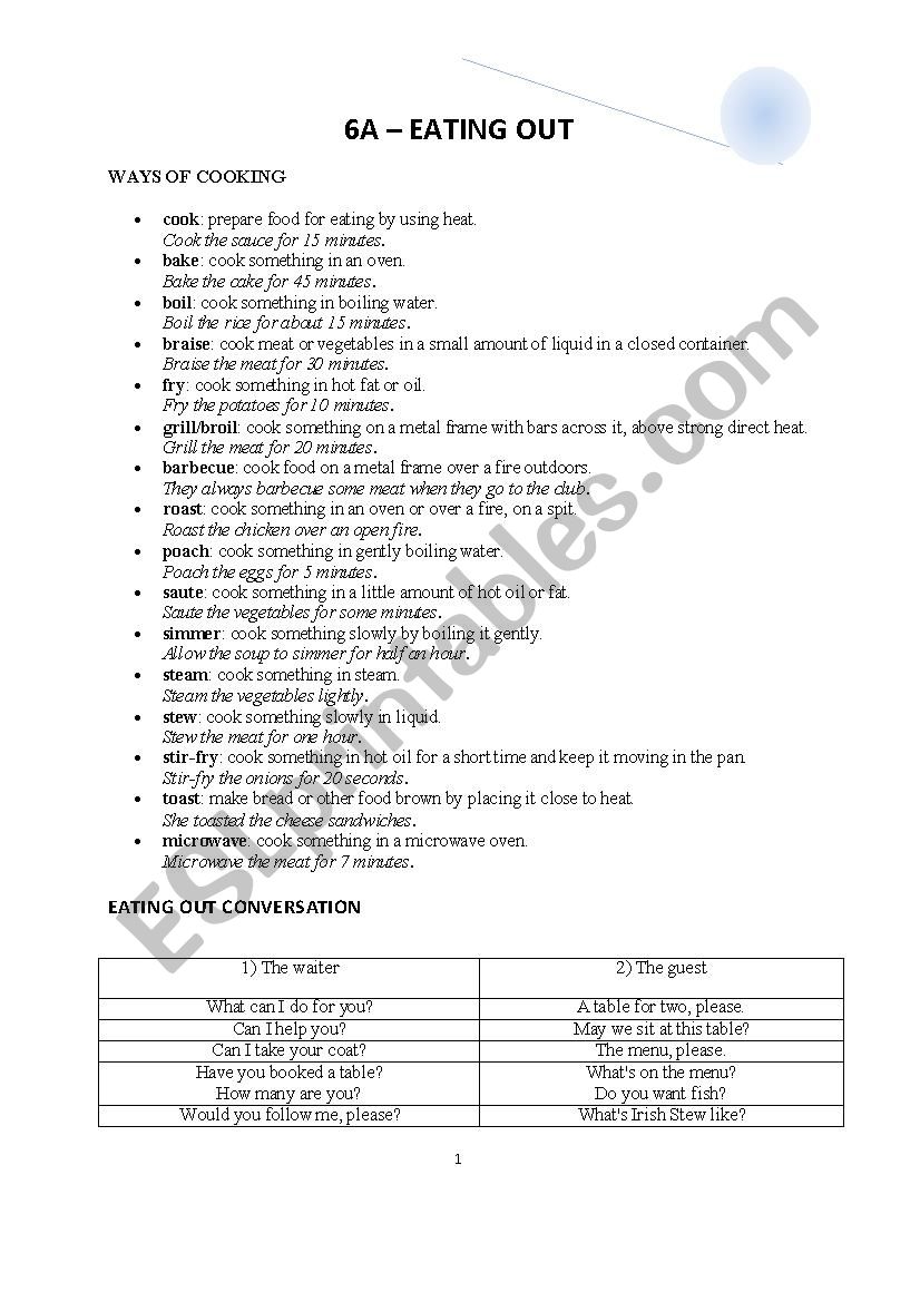 WAYS OF COOKING worksheet