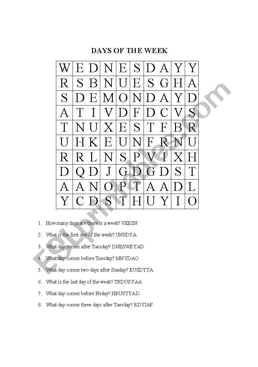 Days of the week worksheet