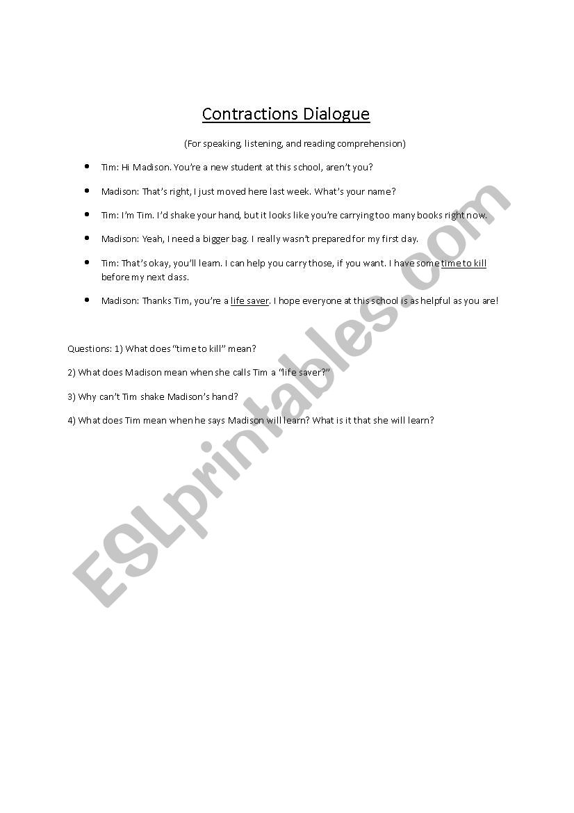 Contractions Dialogue worksheet