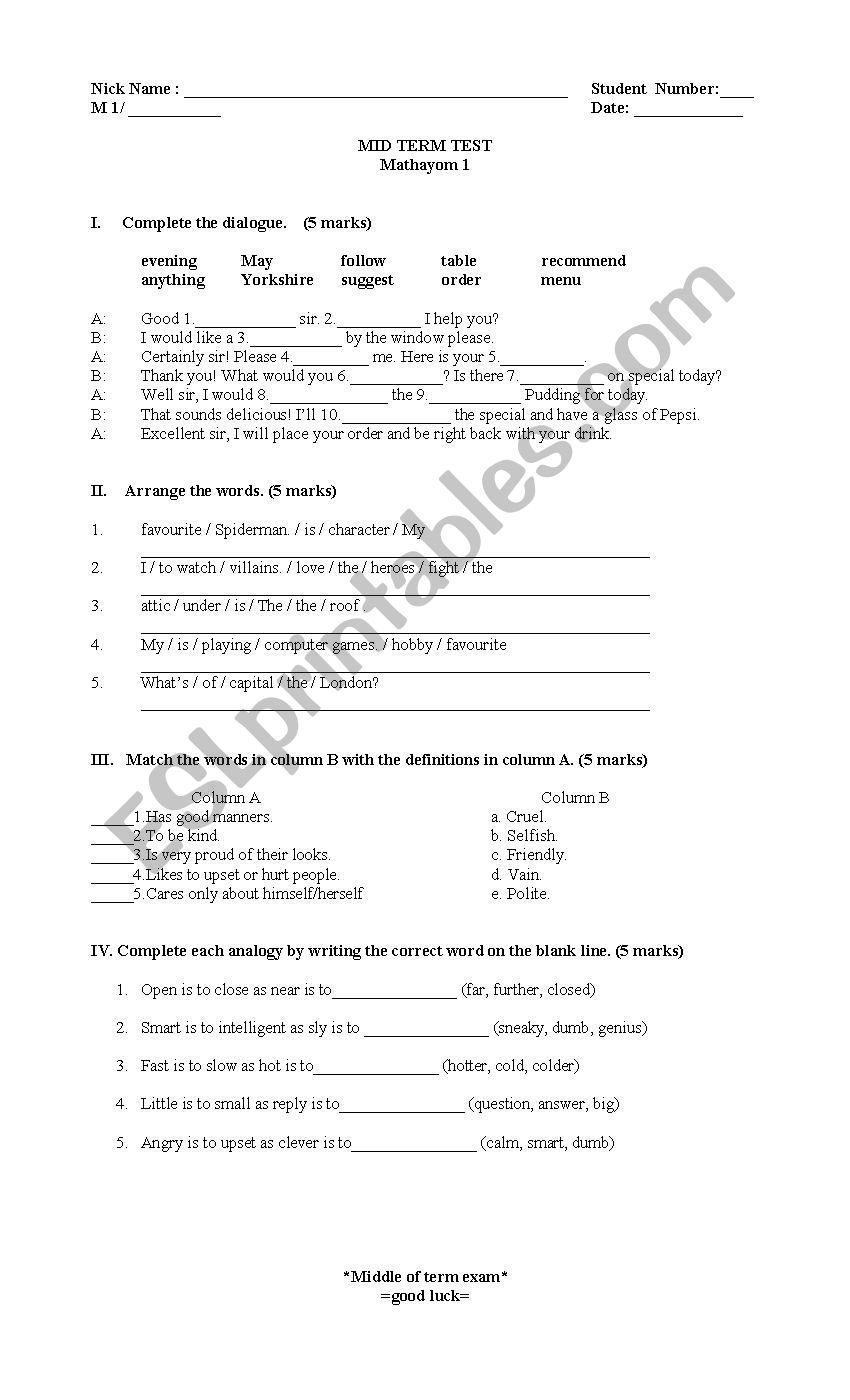 Mathayom 1 Example Test worksheet