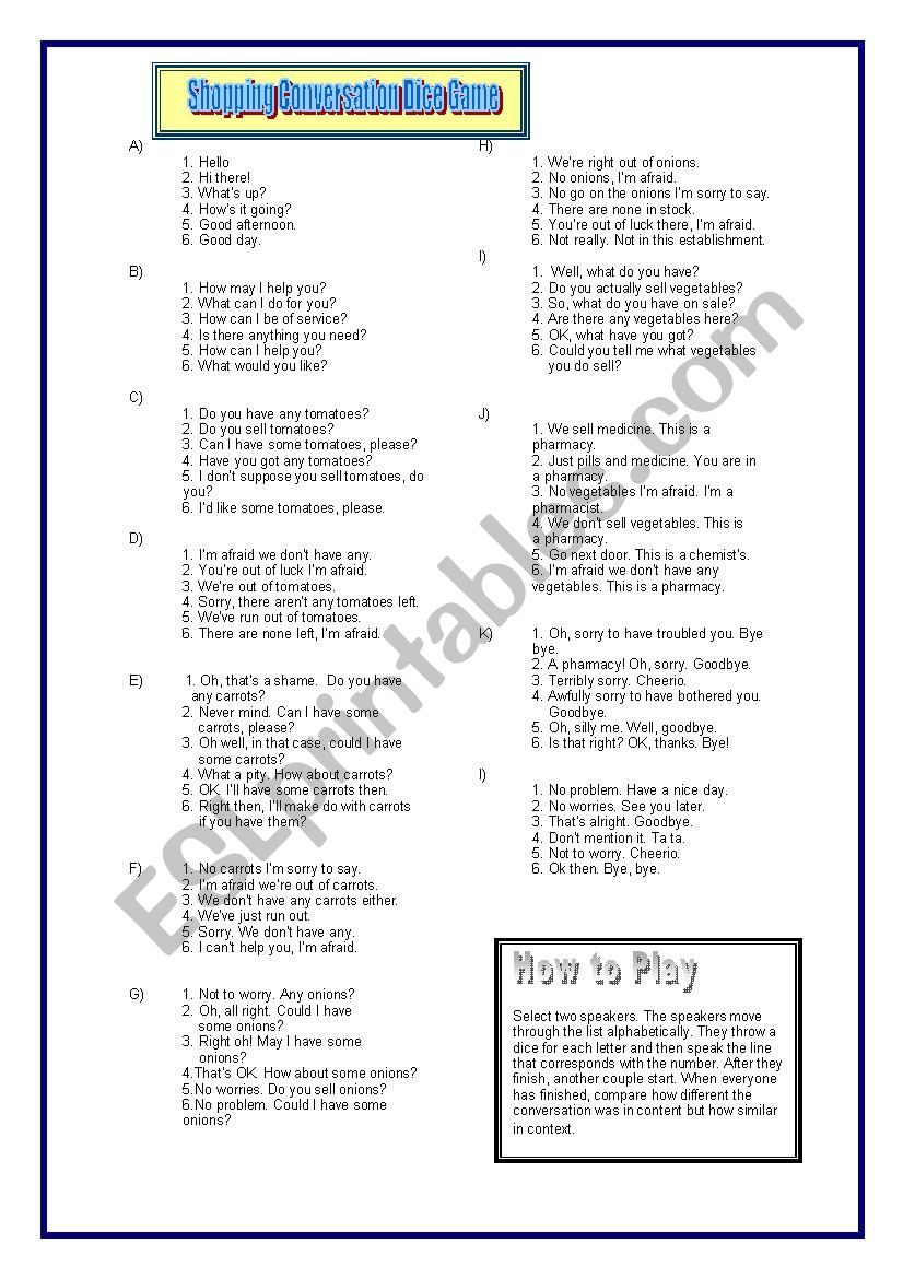 Conversation Dice Game worksheet