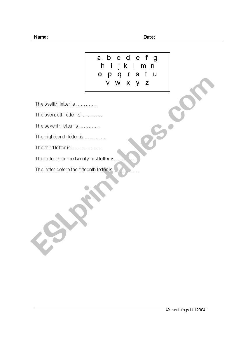 Ordinal Numbers and Alphabet worksheet