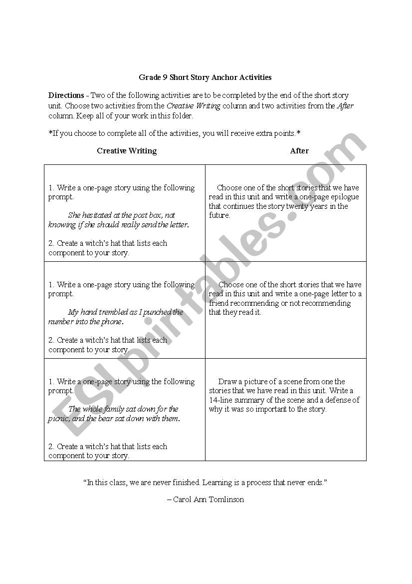 Creative Writing Anchor Activity