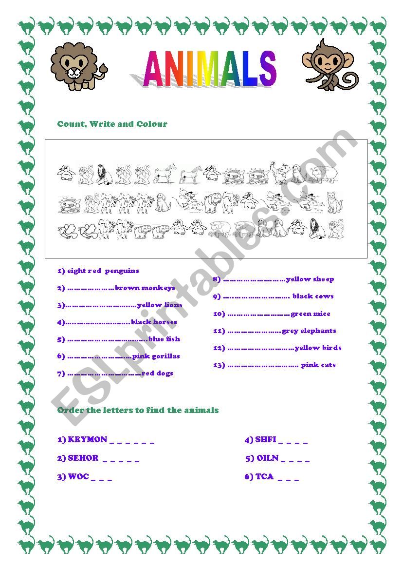 Animals - Colours- Numbers worksheet