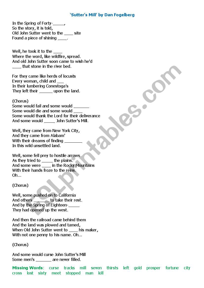 Sutters Mill Lyrics with Blanks and the Missing Words